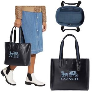 NWT COACH Derby Tote Leather Horse And Carriage Print In Silver/Midnight Navy